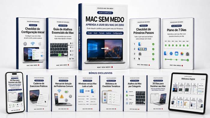 Mockup completo da coleção MAC SEM MEDO 🍎: guia principal + 4 checklists/guias + 6 bônus exclusivos