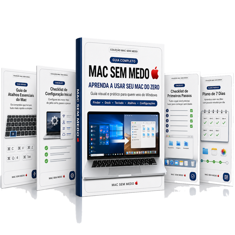 Mockup do kit MAC SEM MEDO 🍎 — guia completo, checklist de configuração inicial, checklist de primeiros passos, guia de atalhos essenciais e plano de 7 dias
