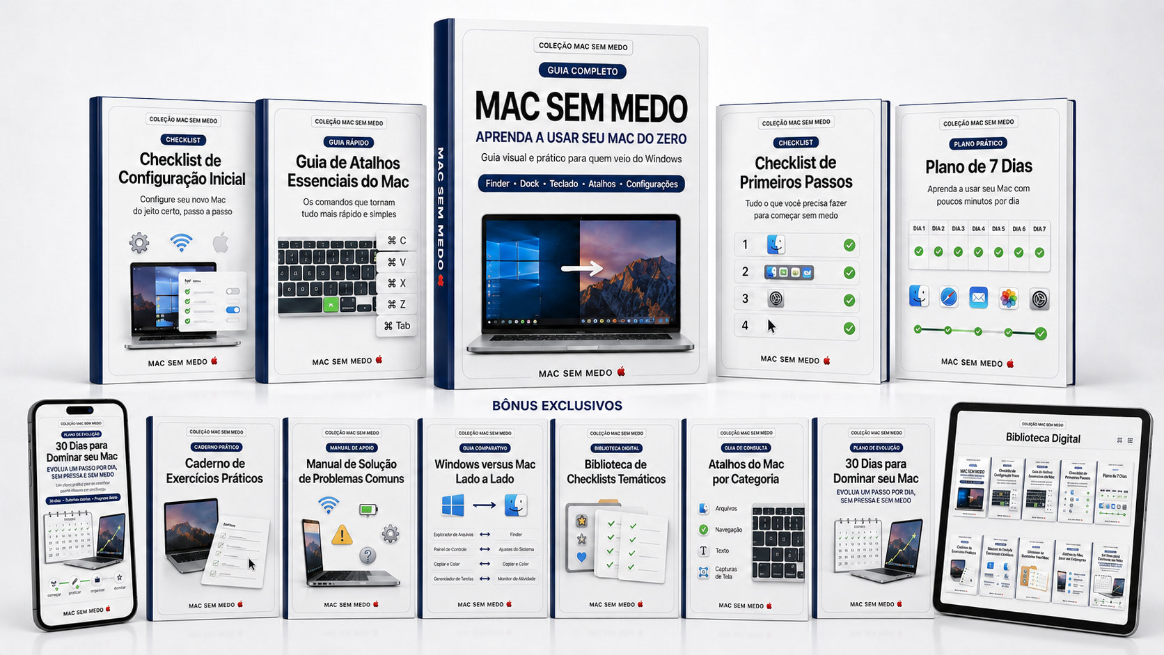 Mockup completo da coleção MAC SEM MEDO 🍎: guia principal + 4 checklists/guias + 6 bônus exclusivos